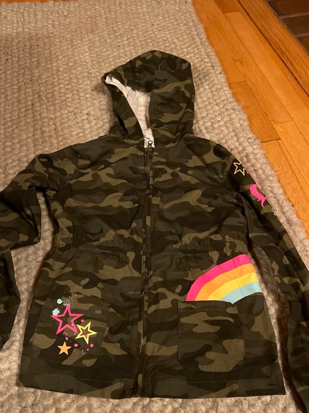 Epic Threads Girls' Green Camo Hooded Jacket with Pink & Yellow Rainbow Stars
